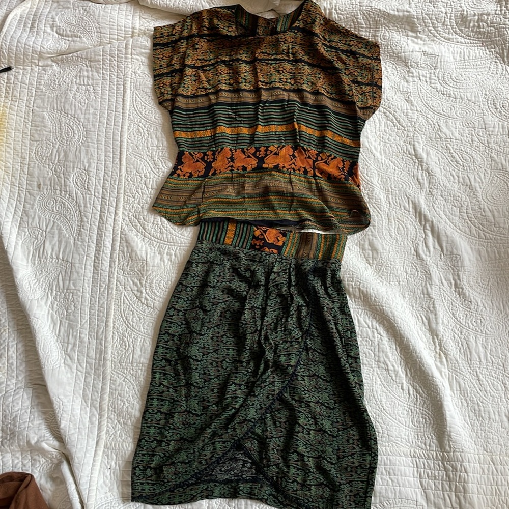 VTG black orange green rayon batik tribal top skirt set small medium - Picture 10 of 16